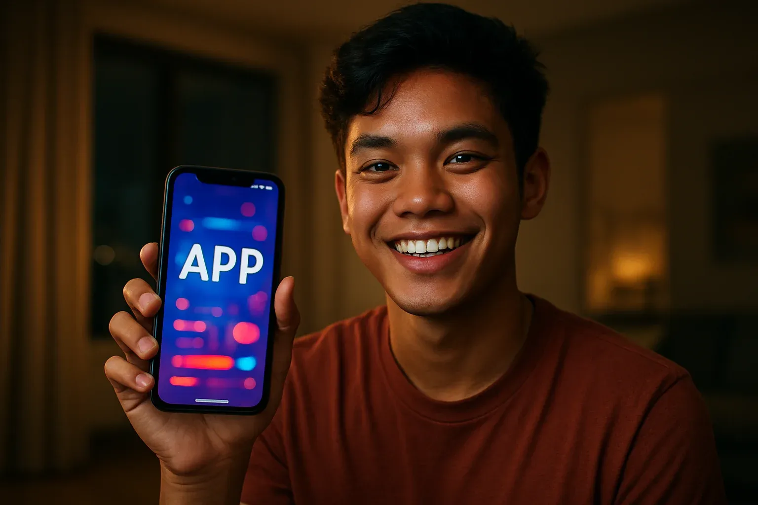 Smiling young Filipino man holding smartphone with colorful app screen facing camera