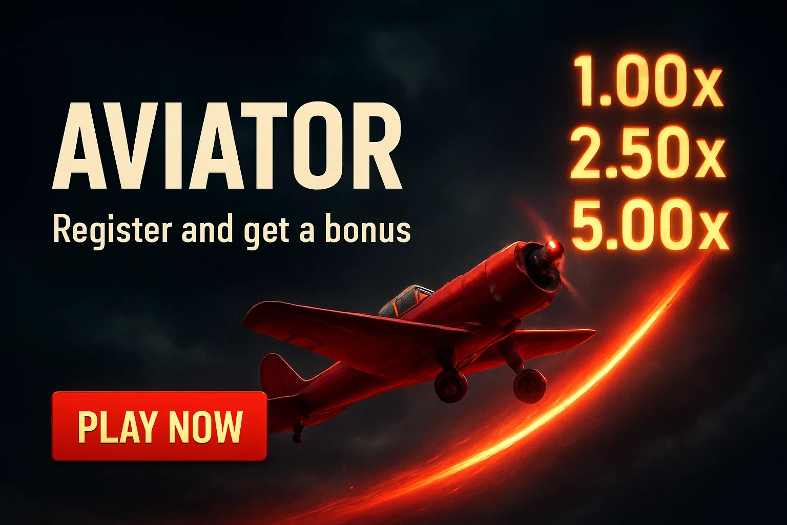 Aviator crash game banner with red plane, multipliers, and play button
