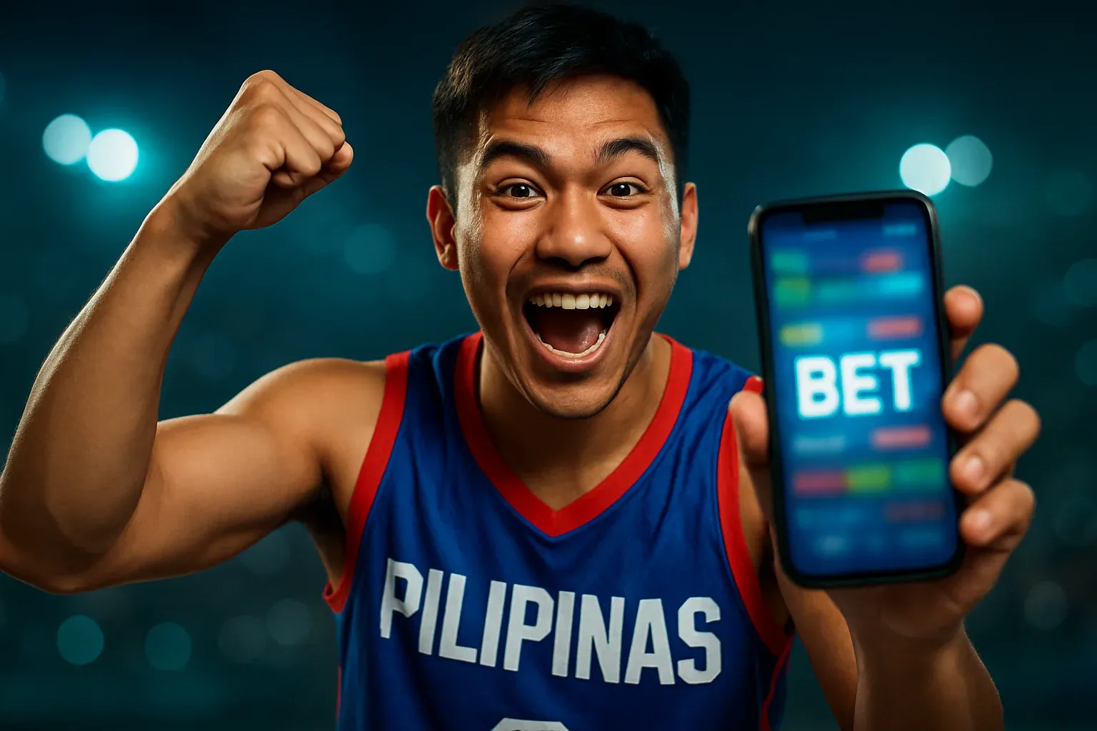 Excited Filipino man holding phone with BET sports betting screen