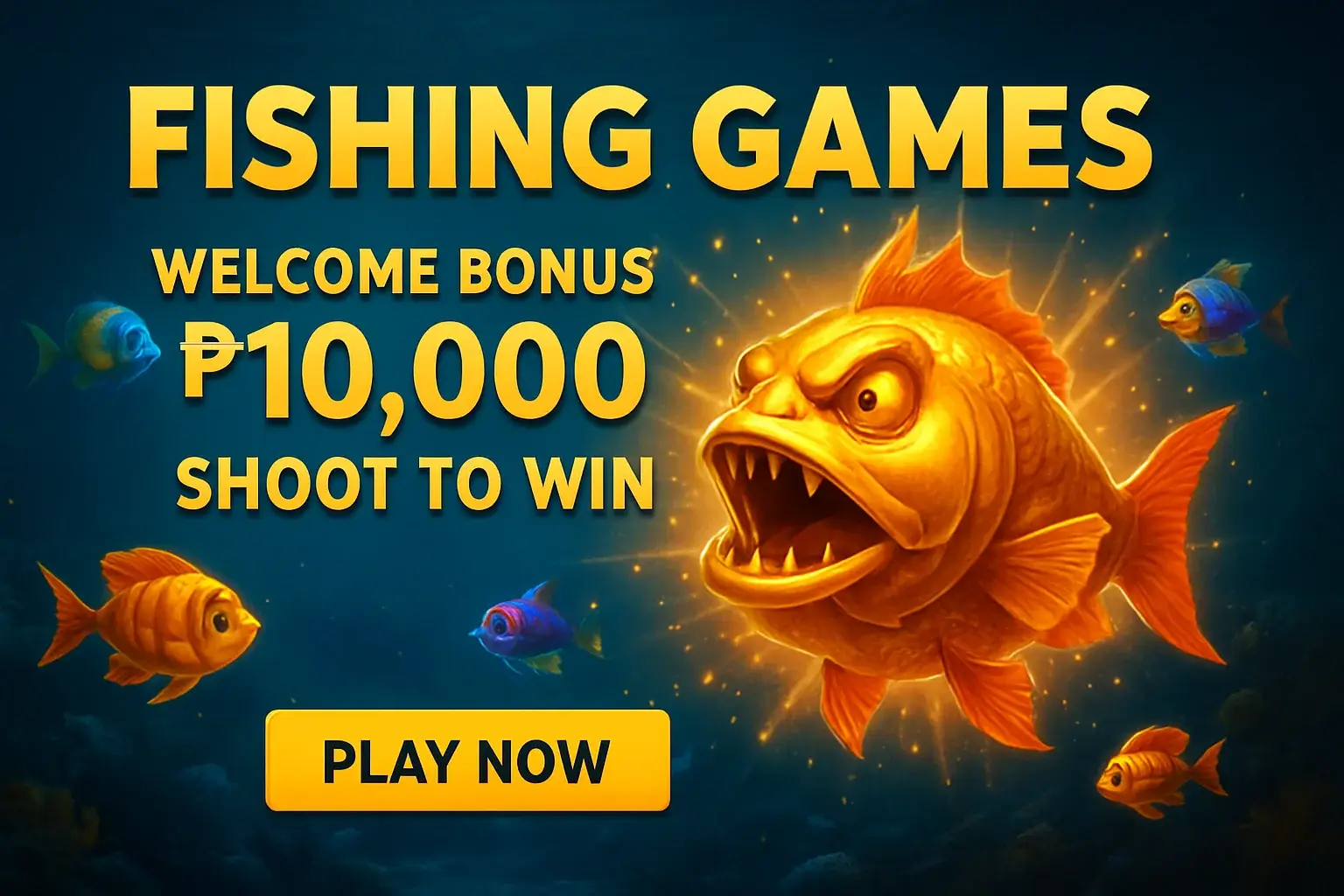 Fishing arcade banner with boss fish, bonus offer, and play button