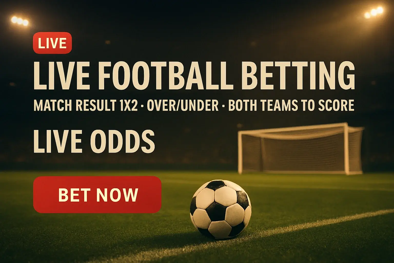 Live football betting banner with night stadium, ball, odds and CTA button