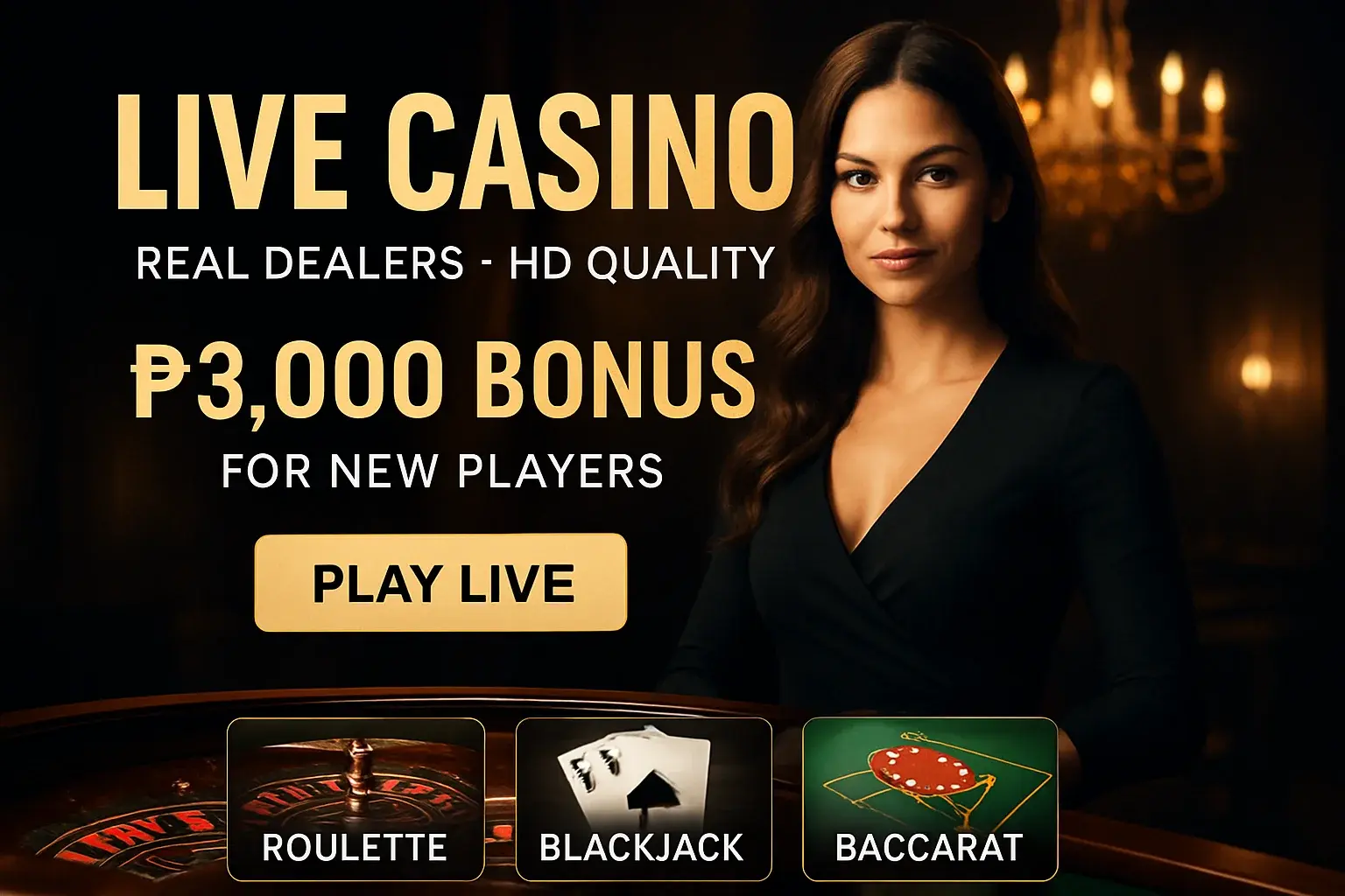 Live casino banner with female dealer, roulette, gold lighting, Philippines bonus