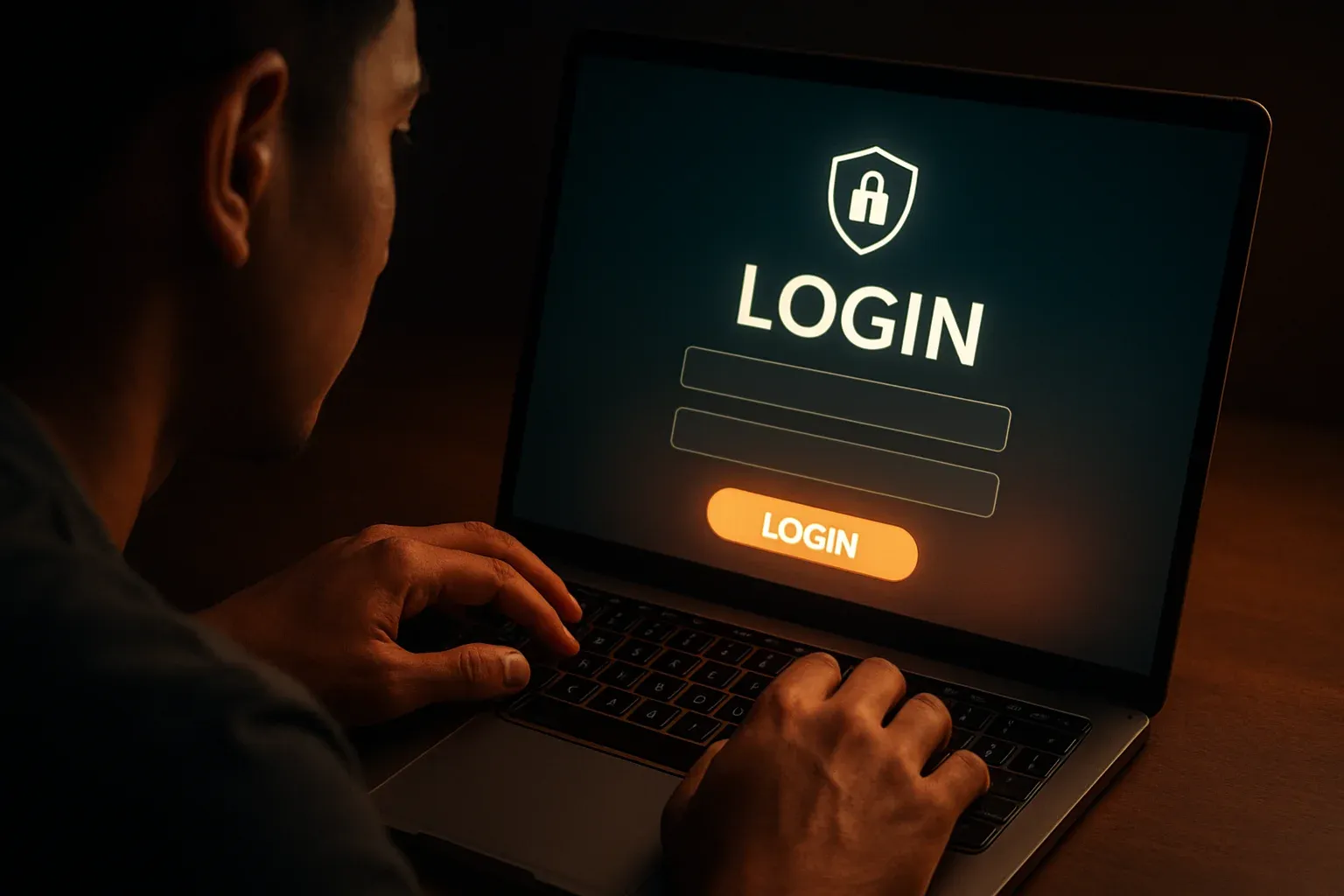 Young Filipino man using laptop with visible login screen form