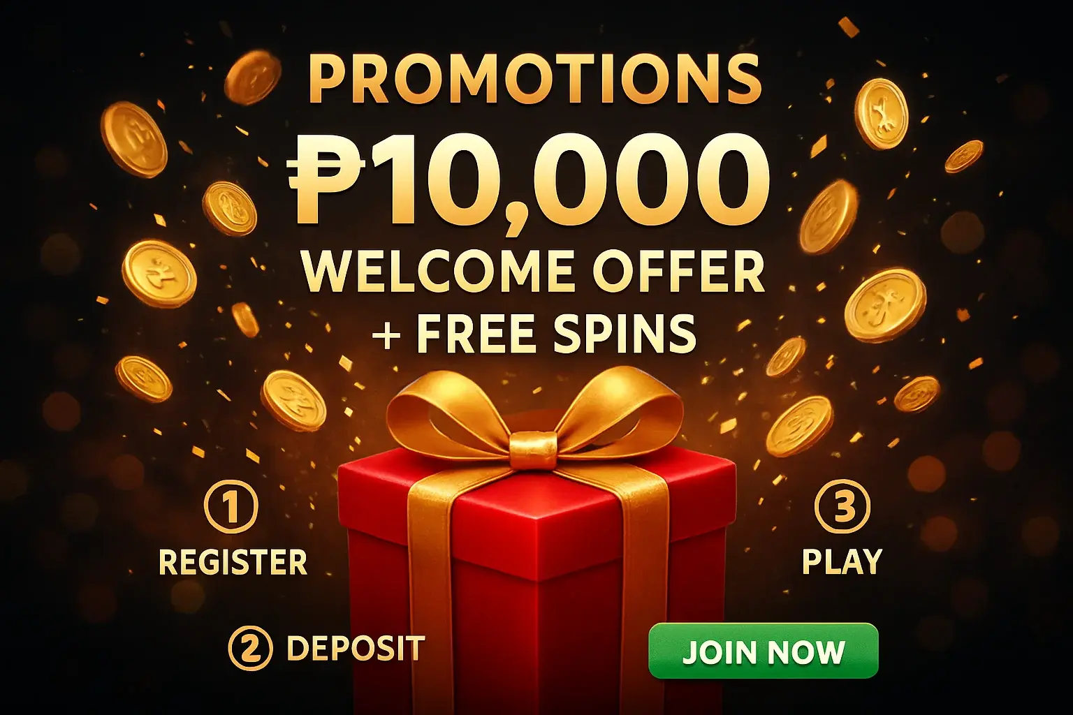 Casino promotions banner with gift box, golden coins, confetti, and CTA