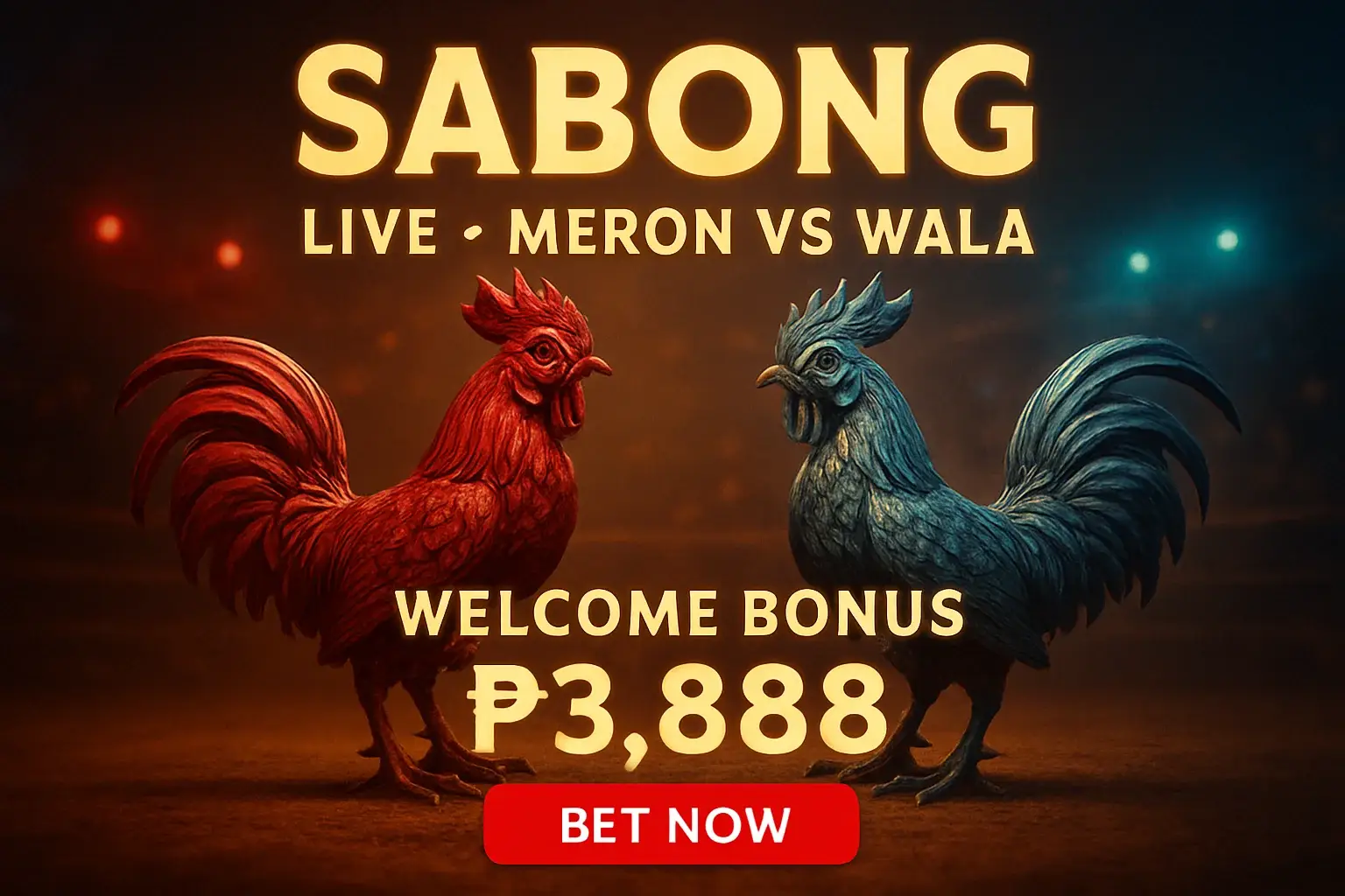 Live sabong banner with decorative rooster figurines and bet now button