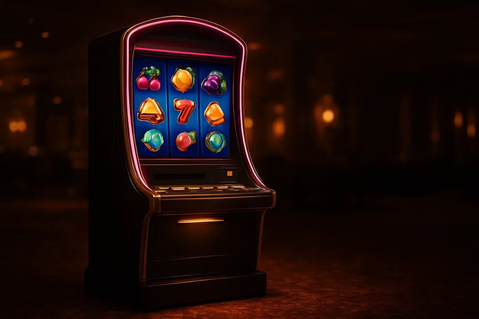 Complete premium slot machine on luxury casino floor with three vertical reels